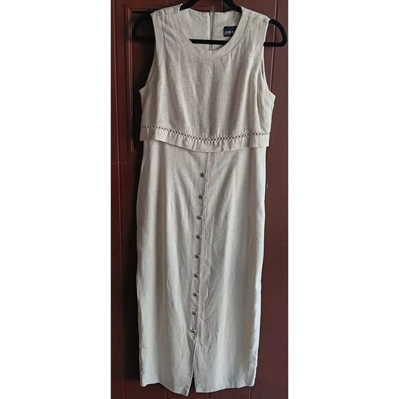 Vintage 90s John Roberts Maxi Dress  Sz S Sleeveless Tan Linen Blend Lagenlook - Picture 1 of 11